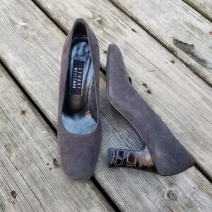 Vintage 90s Stuart Weitzman Gray Suede Square Toe Crocodile Grain Chunky Heels 7